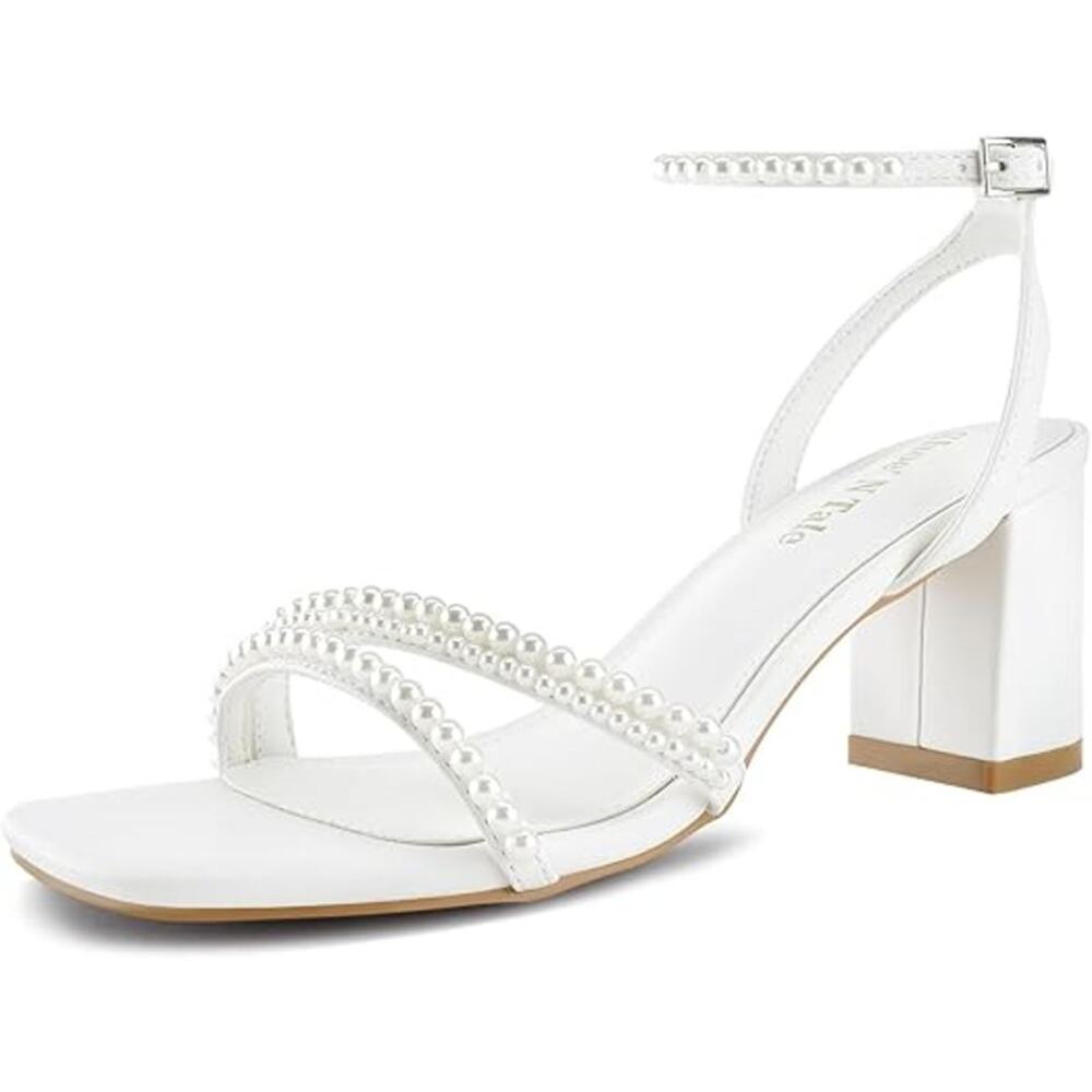 Shoe'N Tale Womens 5 White Pearl Open Toe Ankle Strap 3" Block Heel Sandal Shoes